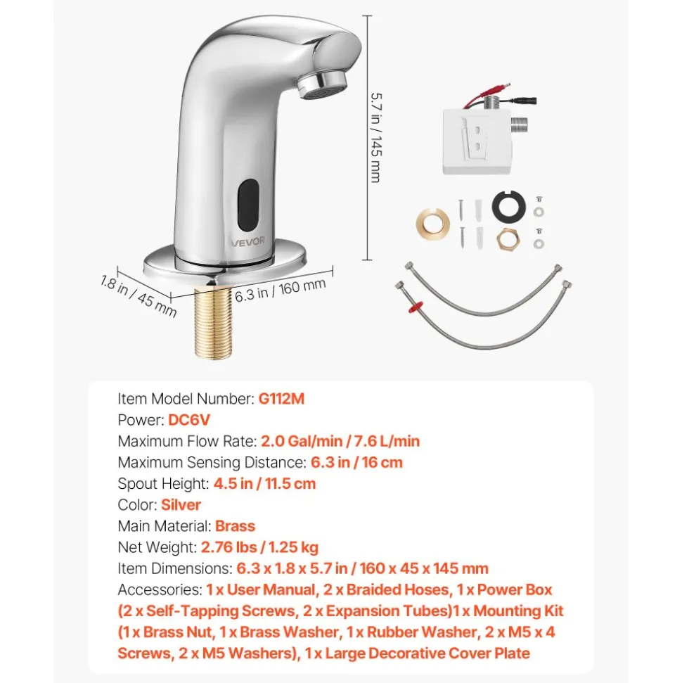 VEVOR Touchless Bathroom Sink Faucet, Automatic Motion Sensor Restroom Toilet Faucet Cold Water with Hole Cover Plate, Battery Operated for 9/16 in Pipe Commercial Lavatory,Chrome Plated Silver G112M