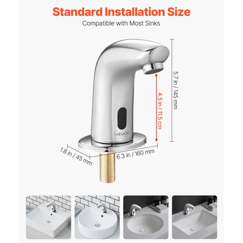 VEVOR Touchless Bathroom Sink Faucet, Automatic Motion Sensor Restroom Toilet Faucet Cold Water with Hole Cover Plate, Battery Operated for 9/16 in Pipe Commercial Lavatory,Chrome Plated Silver G112M