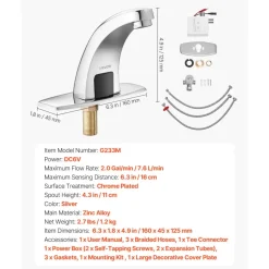 VEVOR Touchless Bathroom Sink Faucet, Automatic Motion Sensor Restroom Toilet Faucet with Hole Cover Plate, Battery Operated,Adjustable Temperature for 9/16 in Pipe Commercial Lavatory,Matte Black
