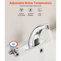 VEVOR Touchless Bathroom Sink Faucet, Automatic Motion Sensor Restroom Toilet Faucet with Hole Cover Plate, Battery Operated,Hot/Cold Water for 9/16 in Pipe Commercial Lavatory,Chrome Plated Silver