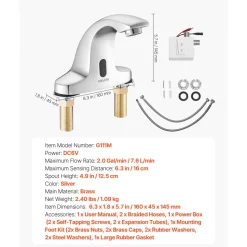 VEVOR Touchless Bathroom Sink Faucet, Automatic Motion Sensor Restroom Toilet Faucet with Hole Cover Plate, Battery Operated,Adjustable Temp for 9/16 in Pipe Commercial Lavatory,Chrome Plated Silver