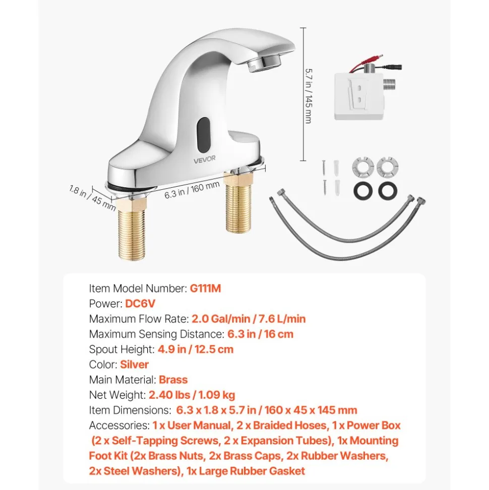 VEVOR Touchless Bathroom Sink Faucet, Automatic Motion Sensor Restroom Toilet Faucet with Hole Cover Plate, Battery Operated,Adjustable Temp for 9/16 in Pipe Commercial Lavatory,Chrome Plated Silver