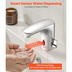 VEVOR Touchless Bathroom Sink Faucet, Automatic Motion Sensor Restroom Toilet Faucet, HandsFree Adjustable Cold Hot Single Handle Water Mixer Battery Operated for 9/16 in Pipe,Chrome Plated Silver