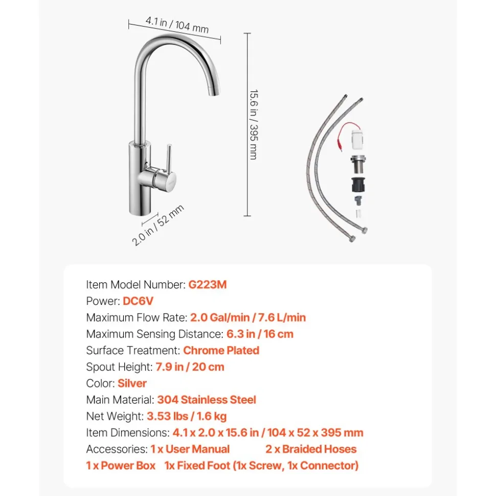 VEVOR Touchless Kitchen Bar Sink Faucet, Single Handle Automatic Motion Sensor Bathroom Faucet, Hands-Free Adjustable Cold Hot Water Mixer Flexible Swivel for 9/16 in Pipe,Chrome Plated Silver