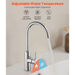 VEVOR Touchless Kitchen Bar Sink Faucet, Single Handle Automatic Motion Sensor Bathroom Faucet, Hands-Free Adjustable Cold Hot Water Mixer Flexible Swivel for 9/16 in Pipe,Chrome Plated Silver