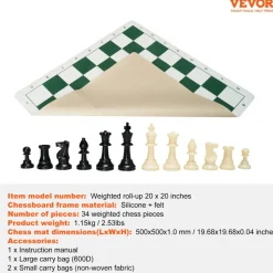 VEVOR Tournament Chess Set, 20 Inch Roll-Up Beginner Chess Board, Foldable Silicone Chess Game with Plastic Weighted Chess Pieces & Storage Bag, Portable Travel Chess Board Gift for Adult Kid Family