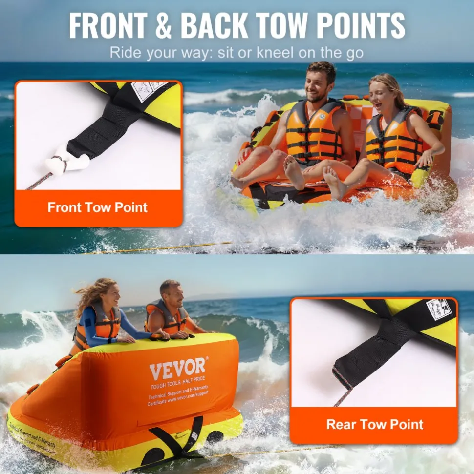 VEVOR Towable Tube for Boating, 1-2 Riders Inflatable Towable Tubes with Deck Seats and Backrest, 340 lbs Water Sport Tube for Boat to Pull, Full Nylon Cover, EVA Grab Handles and Speed Safety Valve