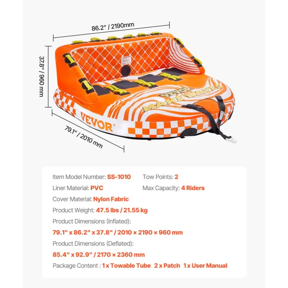 VEVOR Towable Tube for Boating, 1-3 Riders Inflatable Towable Tube with Bumper Fins, 510 lbs Water Sport Towable Tubes for Boats to Pull, Full Nylon Cover, EVA Grab Handles and Speed Safety Valve