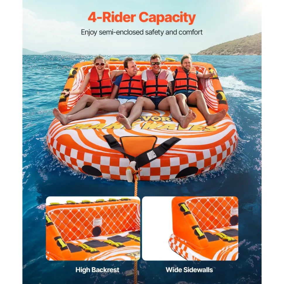 VEVOR Towable Tube for Boating, 1-3 Riders Inflatable Towable Tube with Bumper Fins, 510 lbs Water Sport Towable Tubes for Boats to Pull, Full Nylon Cover, EVA Grab Handles and Speed Safety Valve