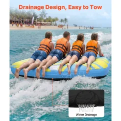 VEVOR Towable Tube for Boating, 4 Riders Inflatable Boat Tubes and Towables, 680 lbs Capacity Water Sport Towable Tube for Boat to Pull - with Fins, Full Nylon Cover, Padded Handles & Safety Valve