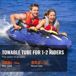 VEVOR Towable Tube for Boating, 340 lbs, 1-2 Riders Inflatable Boat Tubes and Towables, 51.8" Round Water Sport Towable Tube for Boat to Pull, Full Nylon Cover, EVA Grab Handles and Speed Safety Valve