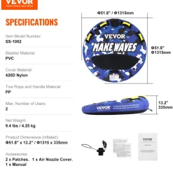 VEVOR Towable Tube for Boating, 340 lbs, 1-2 Riders Inflatable Boat Tubes and Towables, 51.8