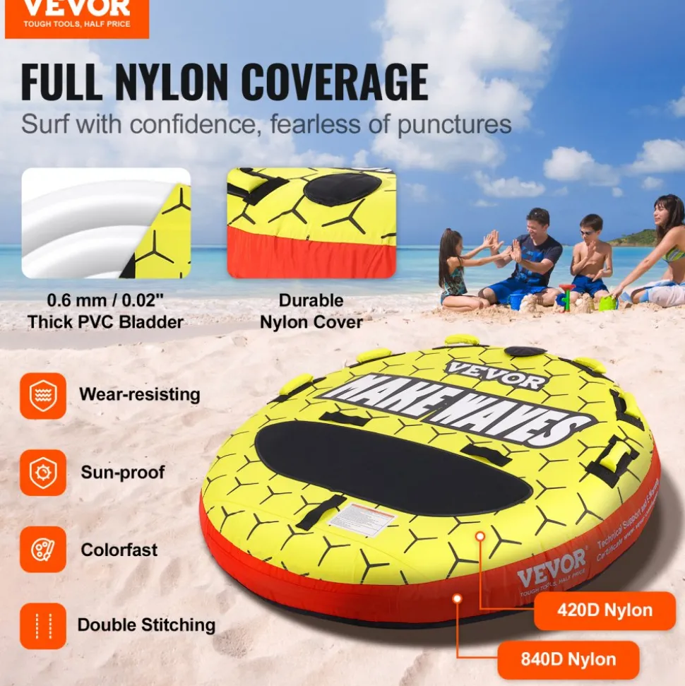 VEVOR Towable Tube for Boating, 1-3 Riders Inflatable Boat Tubes and Towables, 510 lbs, 63" Round Water Sport Towable Tubes for Boats to Pull, Full Nylon Cover, EVA Grab Handles and Speed Safety Valve