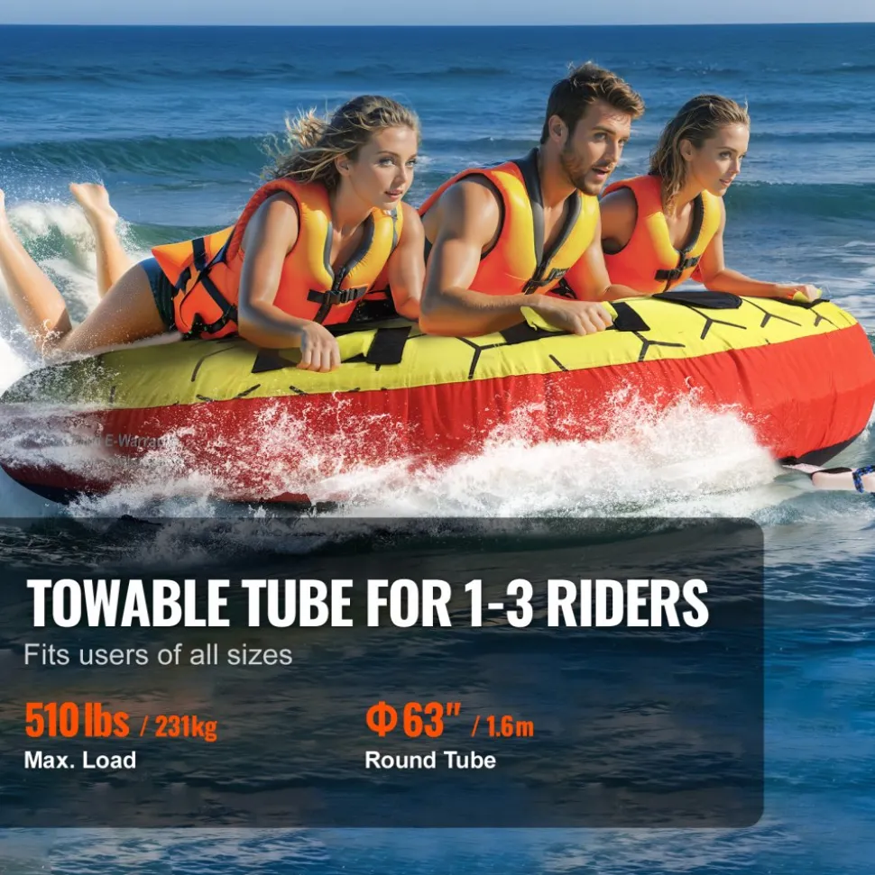 VEVOR Towable Tube for Boating, 1-3 Riders Inflatable Boat Tubes and Towables, 510 lbs, 63" Round Water Sport Towable Tubes for Boats to Pull, Full Nylon Cover, EVA Grab Handles and Speed Safety Valve