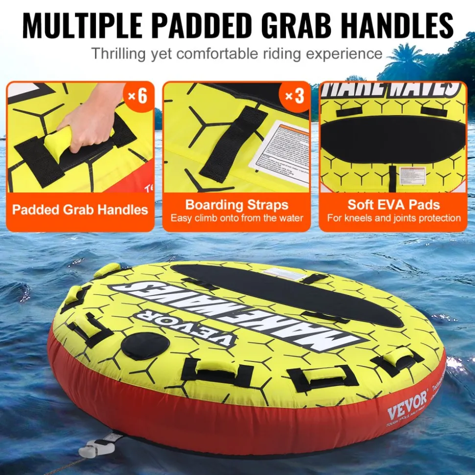 VEVOR Towable Tube for Boating, 1-3 Riders Inflatable Boat Tubes and Towables, 510 lbs, 63" Round Water Sport Towable Tubes for Boats to Pull, Full Nylon Cover, EVA Grab Handles and Speed Safety Valve