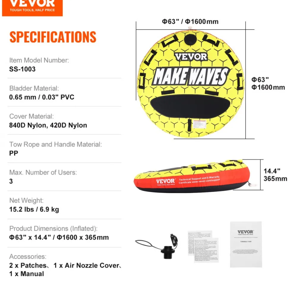 VEVOR Towable Tube for Boating, 1-3 Riders Inflatable Boat Tubes and Towables, 510 lbs, 63" Round Water Sport Towable Tubes for Boats to Pull, Full Nylon Cover, EVA Grab Handles and Speed Safety Valve