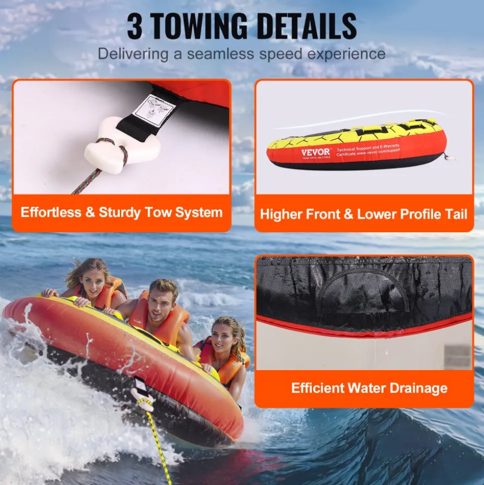 VEVOR Towable Tube for Boating, 1-3 Riders Inflatable Boat Tubes and Towables, 510 lbs, 63" Round Water Sport Towable Tubes for Boats to Pull, Full Nylon Cover, EVA Grab Handles and Speed Safety Valve