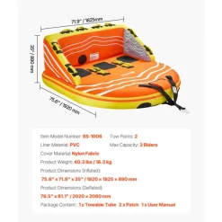 VEVOR Towable Tube for Boating, 1-3 Riders Inflatable Boat Tubes and Towables, 510lbs Water Sport Towable Tube for Boat to Pull - with Full Nylon Cover, 16 Grab Handles, Dual Tow Points & Safety Valve