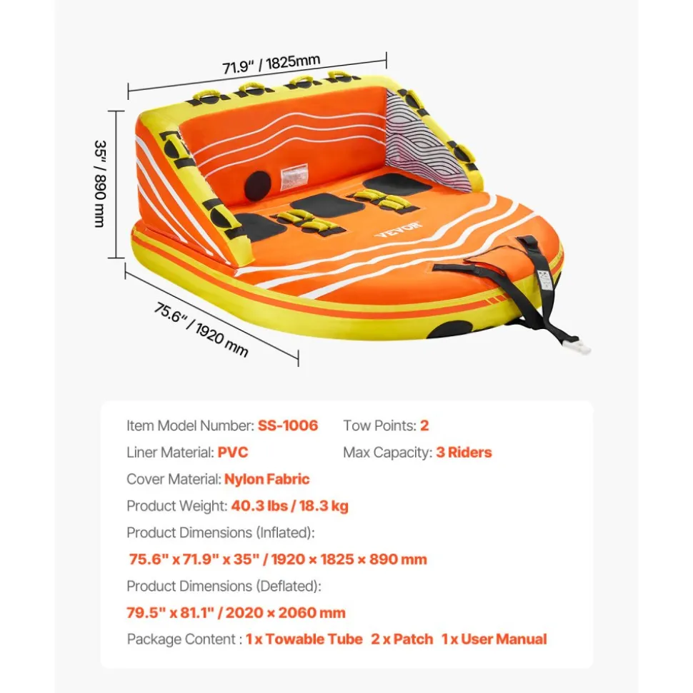 VEVOR Towable Tube for Boating, 1-3 Riders Inflatable Boat Tubes and Towables, 510lbs Water Sport Towable Tube for Boat to Pull - with Full Nylon Cover, 16 Grab Handles, Dual Tow Points & Safety Valve