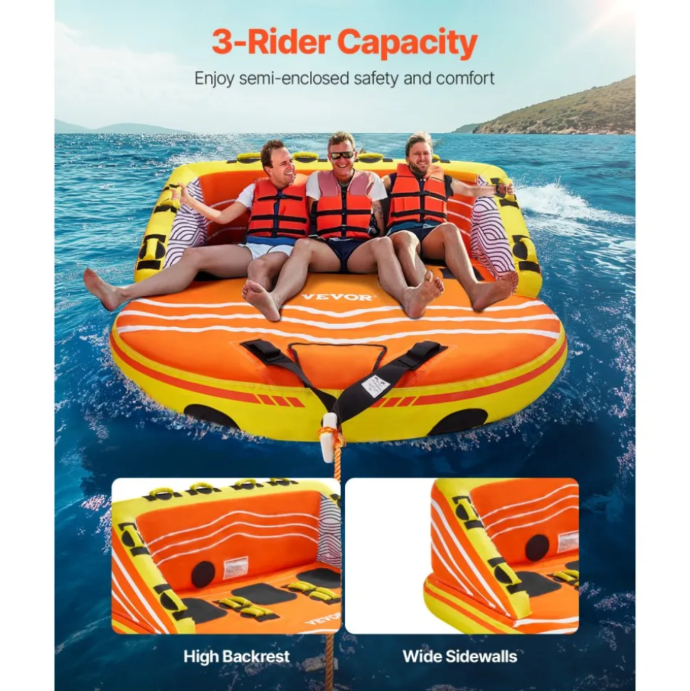 VEVOR Towable Tube for Boating, 1-3 Riders Inflatable Boat Tubes and Towables, 510lbs Water Sport Towable Tube for Boat to Pull - with Full Nylon Cover, 16 Grab Handles, Dual Tow Points & Safety Valve