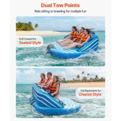 VEVOR Towable Tubes for Boating, 3-Rider Inflatable Towable Tube for Boat to Pull, 510 lbs Capacity Water Sports Boating Tubes - with Full Nylon Cover, Dual Tow Points, Safety Valve & Padded Handles