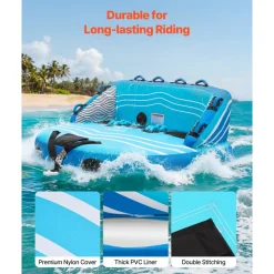 VEVOR Towable Tubes for Boating, 3-Rider Inflatable Towable Tube for Boat to Pull, 510 lbs Capacity Water Sports Boating Tubes - with Full Nylon Cover, Dual Tow Points, Safety Valve & Padded Handles