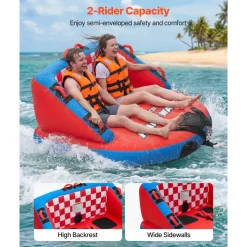 VEVOR Towable Tubes for Boating, 2-Rider Inflatable Boat Tubes and Towables, 340lbs Capacity Water Sport Tube for Boat to Pull - with Anti-Slip Pad, Full Nylon Cover, Padded Handles & Safety Valve