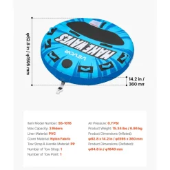 VEVOR Towable Tubes for Boating, 3-Rider Inflatable Boat Tubes and Towables, 510lbs Capacity Water Sport Tube for Boat to Pull - with Anti-Slip Pad, Full Nylon Cover, Padded Handles & Safety Valve
