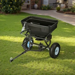 VEVOR Tow Behind Broadcast Spreader, 130LBS Capacity, Tow/Push Garden Spreader with 13 in Tires, 30 Adjustable Setting & 9.8 ft Spreading Width, Lawn Spreaders for Seed, Fertilizer, Salt, Ice Melt