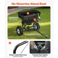 VEVOR Tow Behind Broadcast Spreader, 130LBS Capacity, Tow/Push Garden Spreader with 13 in Tires, 30 Adjustable Setting & 9.8 ft Spreading Width, Lawn Spreaders for Seed, Fertilizer, Salt, Ice Melt