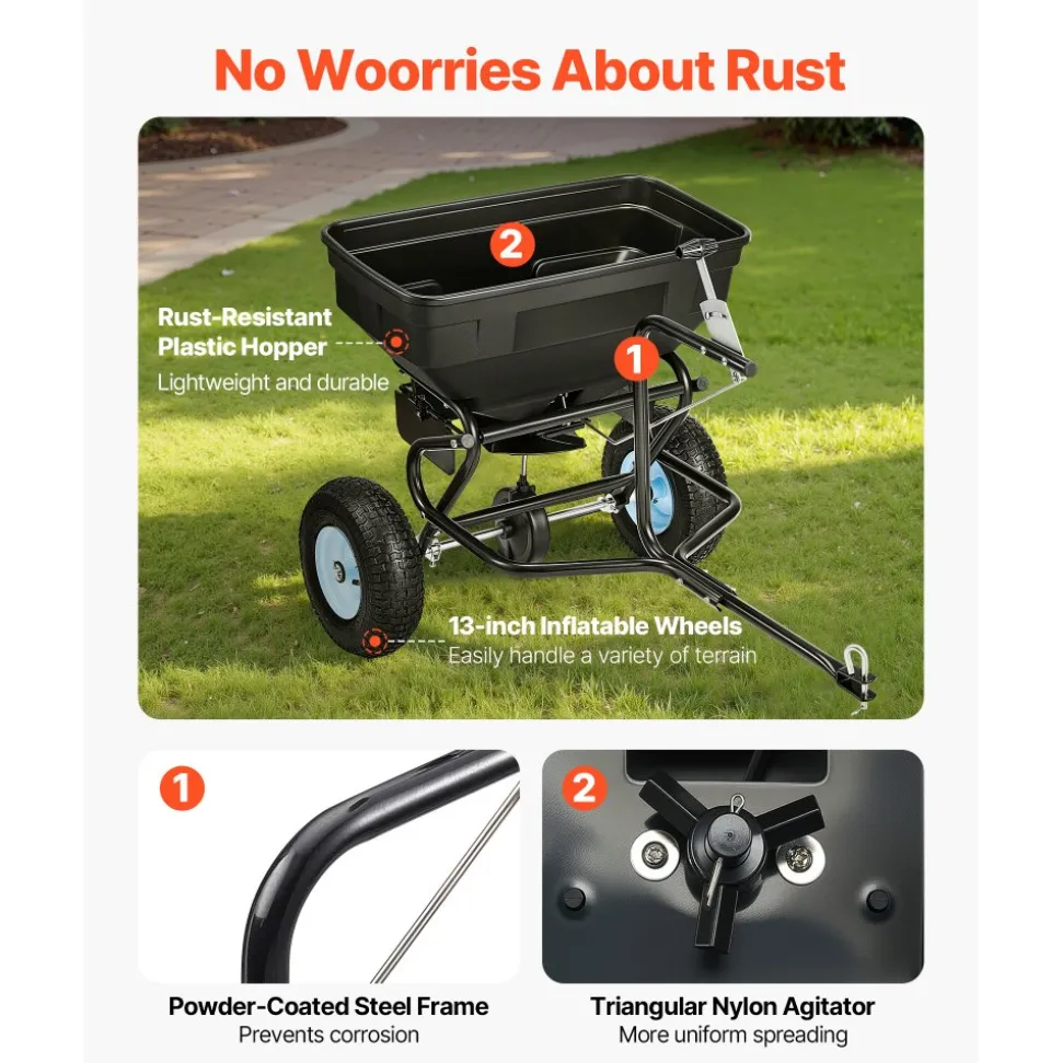 VEVOR Tow Behind Broadcast Spreader, 130LBS Capacity, Tow/Push Garden Spreader with 13 in Tires, 30 Adjustable Setting & 9.8 ft Spreading Width, Lawn Spreaders for Seed, Fertilizer, Salt, Ice Melt