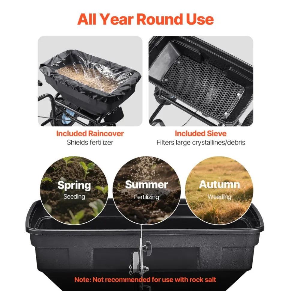 VEVOR Tow Behind Broadcast Spreader, 130LBS Capacity, Tow/Push Garden Spreader with 13 in Tires, 30 Adjustable Setting & 9.8 ft Spreading Width, Lawn Spreaders for Seed, Fertilizer, Salt, Ice Melt