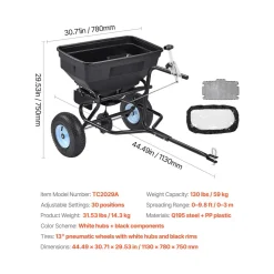 VEVOR Tow Behind Broadcast Spreader, 130LBS Capacity, Tow/Push Garden Spreader with 13 in Tires, 30 Adjustable Setting & 9.8 ft Spreading Width, Lawn Spreaders for Seed, Fertilizer, Salt, Ice Melt