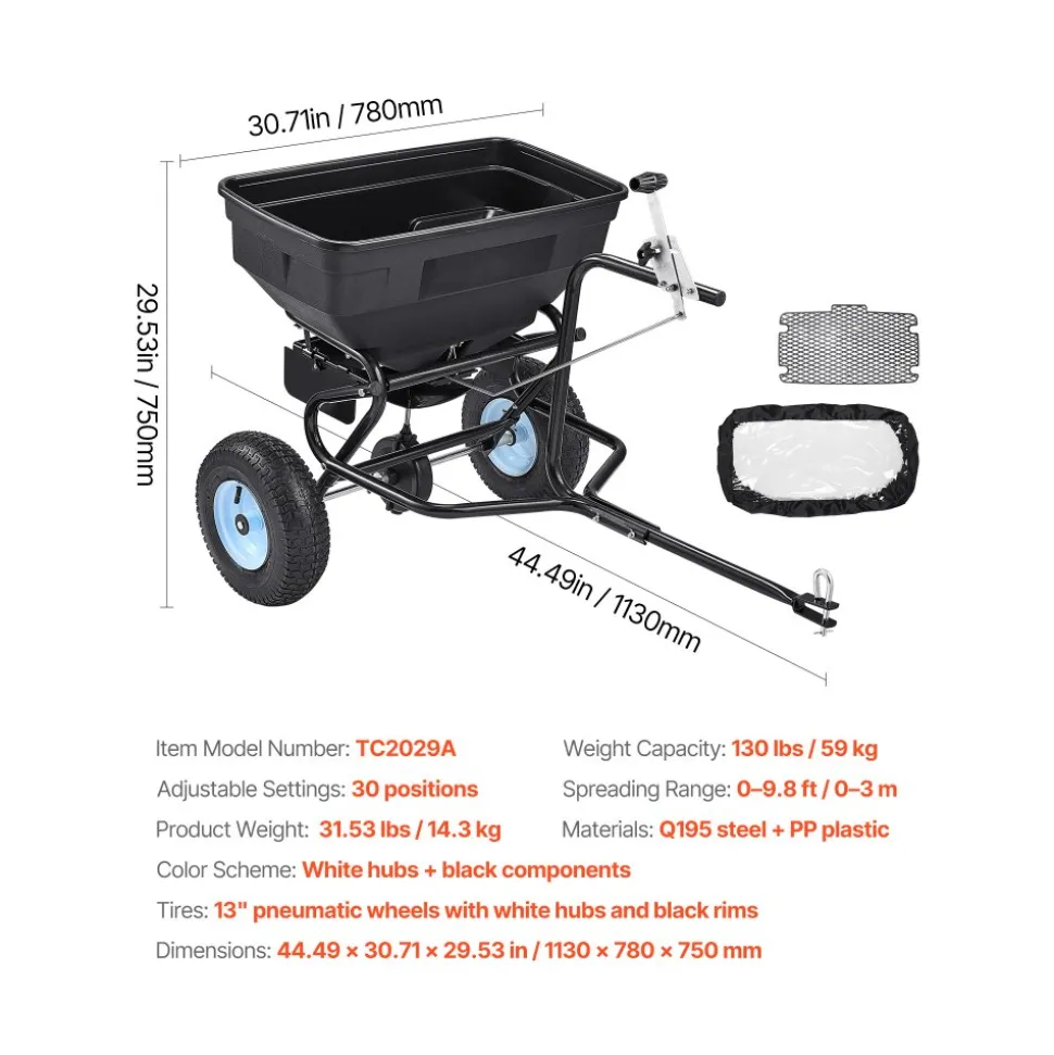 VEVOR Tow Behind Broadcast Spreader, 130LBS Capacity, Tow/Push Garden Spreader with 13 in Tires, 30 Adjustable Setting & 9.8 ft Spreading Width, Lawn Spreaders for Seed, Fertilizer, Salt, Ice Melt