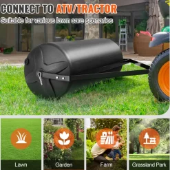 VEVOR Tow Behind Lawn Roller, 400lbs Sand/Water Filled Yard Roller, LLDPE Drum and Steel Frame Sod Roller with Easy-turn Plug, Tow Behind a Tractor or ATV for Lawn, Garden, Farm, Park, Black