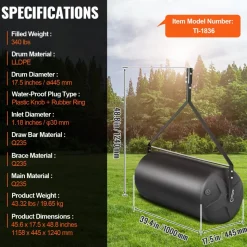 VEVOR Tow Behind Lawn Roller, 400lbs Sand/Water Filled Yard Roller, LLDPE Drum and Steel Frame Sod Roller with Easy-turn Plug, Tow Behind a Tractor or ATV for Lawn, Garden, Farm, Park, Black