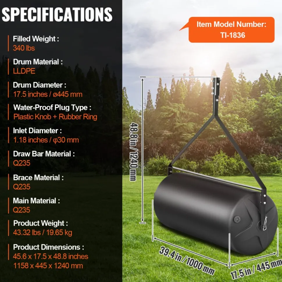 VEVOR Tow Behind Lawn Roller, 400lbs Sand/Water Filled Yard Roller, LLDPE Drum and Steel Frame Sod Roller with Easy-turn Plug, Tow Behind a Tractor or ATV for Lawn, Garden, Farm, Park, Black