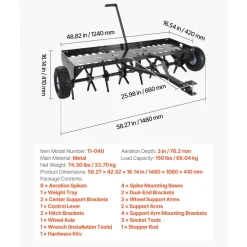 VEVOR Tow Behind Plug Aerator, 40 in Lawn Spike Aerator with Universal Hitch, 150lbs Weight Capacity, Heavy Duty  & Rust-Resistant, Pull Behind Aeration Tool with Tray for Farmland & Garden Tractors