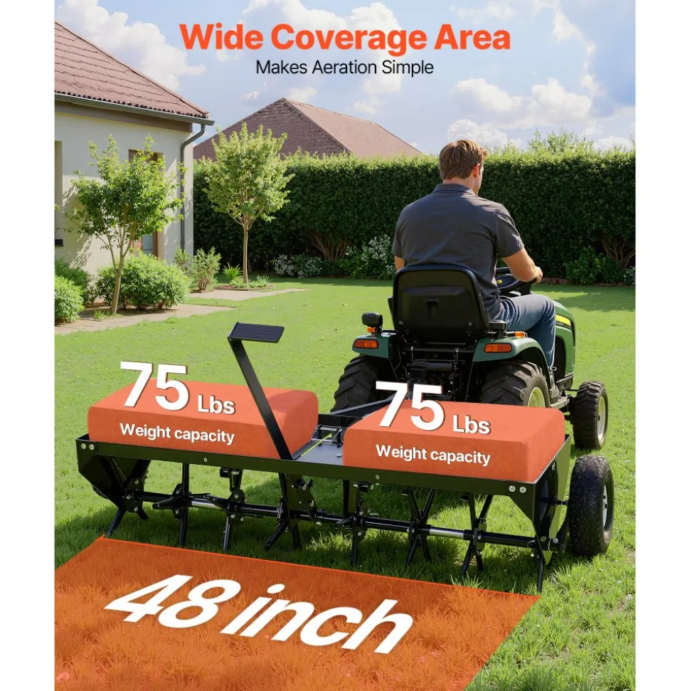 VEVOR Tow Behind Plug Aerator, 40 in Lawn Spike Aerator with Universal Hitch, 150lbs Weight Capacity, Heavy Duty & Rust-Resistant, Pull Behind Aeration Tool with Tray for Farmland & Garden Tractors