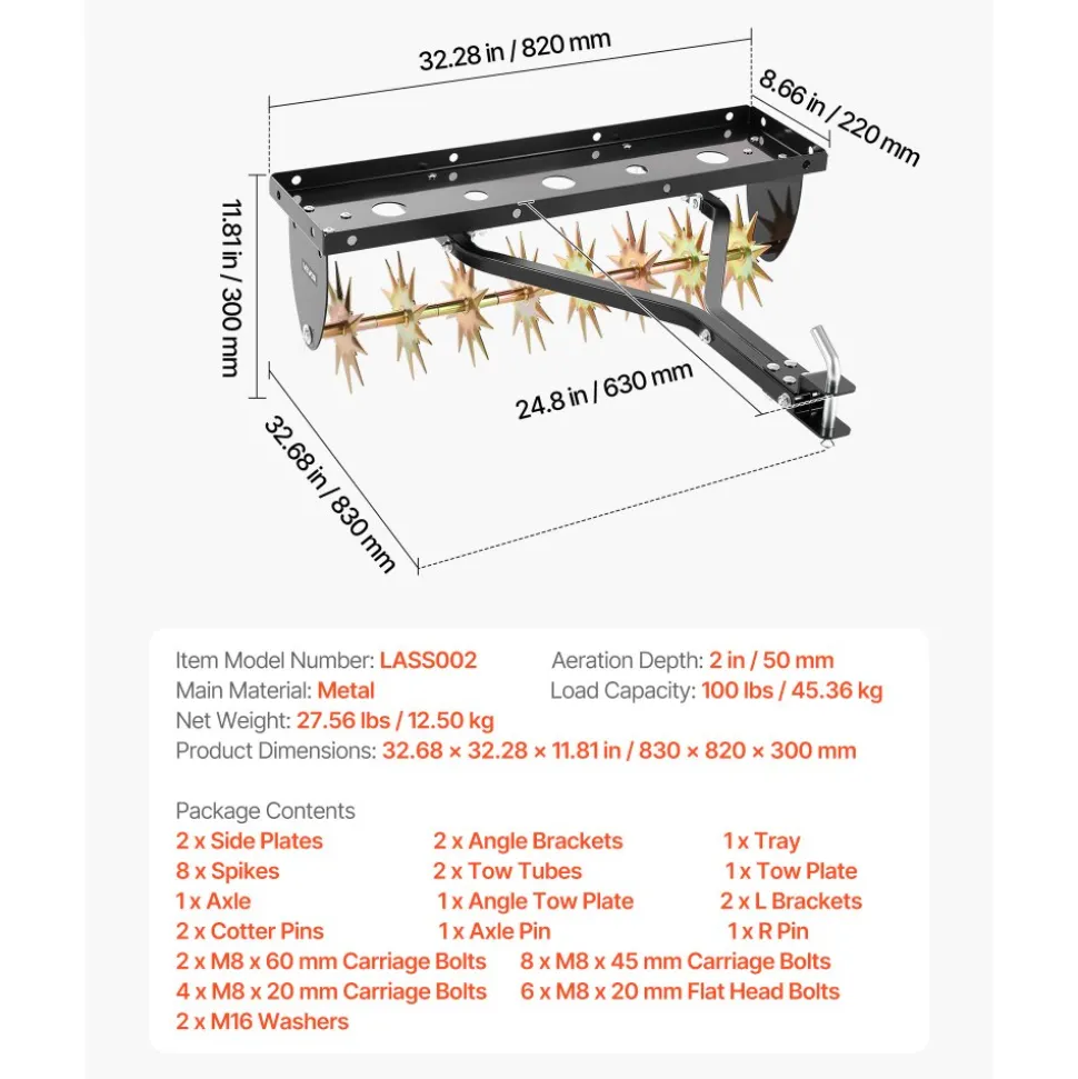VEVOR Tow Behind Plug Aerator, 32 in Lawn Spike Aerator with Universal Hitch, Heavy Duty & Rust-Resistant, Pull Behind Spike Aerator Tool with Folded Edge Tray, for Farmland & Garden Tractors