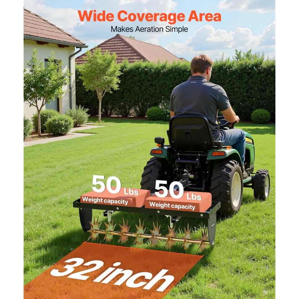 VEVOR Tow Behind Plug Aerator, 32 in Lawn Spike Aerator with Universal Hitch, Heavy Duty & Rust-Resistant, Pull Behind Spike Aerator Tool with Folded Edge Tray, for Farmland & Garden Tractors