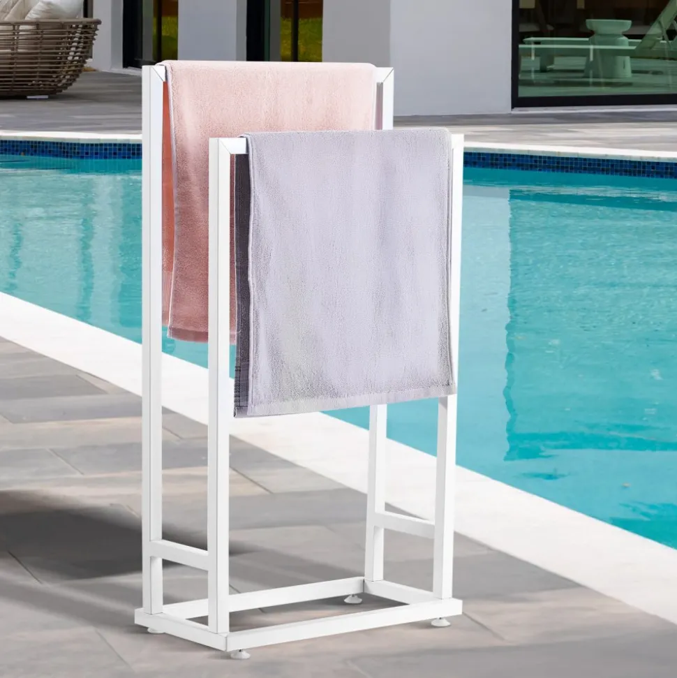 VEVOR Towel Rack, 2 Bars Metal Outdoor Towel Holder, Freestanding Pool Towel Hanger Stand Next to Hot Tub, Outdoor or Indoor Quilt Drying Rack Organizer, Ideal for Poolside, Bathroom, Spa, White