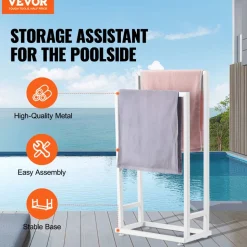 VEVOR Towel Rack, 2 Bars Metal Outdoor Towel Holder, Freestanding Pool Towel Hanger Stand Next to Hot Tub, Outdoor or Indoor Quilt Drying Rack Organizer, Ideal for Poolside, Bathroom, Spa, White