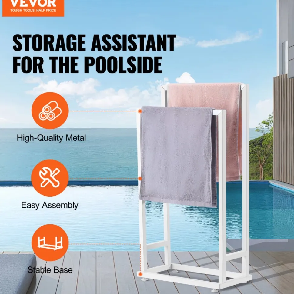 VEVOR Towel Rack, 2 Bars Metal Outdoor Towel Holder, Freestanding Pool Towel Hanger Stand Next to Hot Tub, Outdoor or Indoor Quilt Drying Rack Organizer, Ideal for Poolside, Bathroom, Spa, White