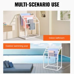 VEVOR Towel Rack, 5 Bars Outdoor PVC Towel Holder, Freestanding Pool Towel Hanger Stand with Clips, Bag & Hook, Outdoor Indoor Quilt Drying Rack Organizer, Ideal for Poolside, Bathroom, Spa, White