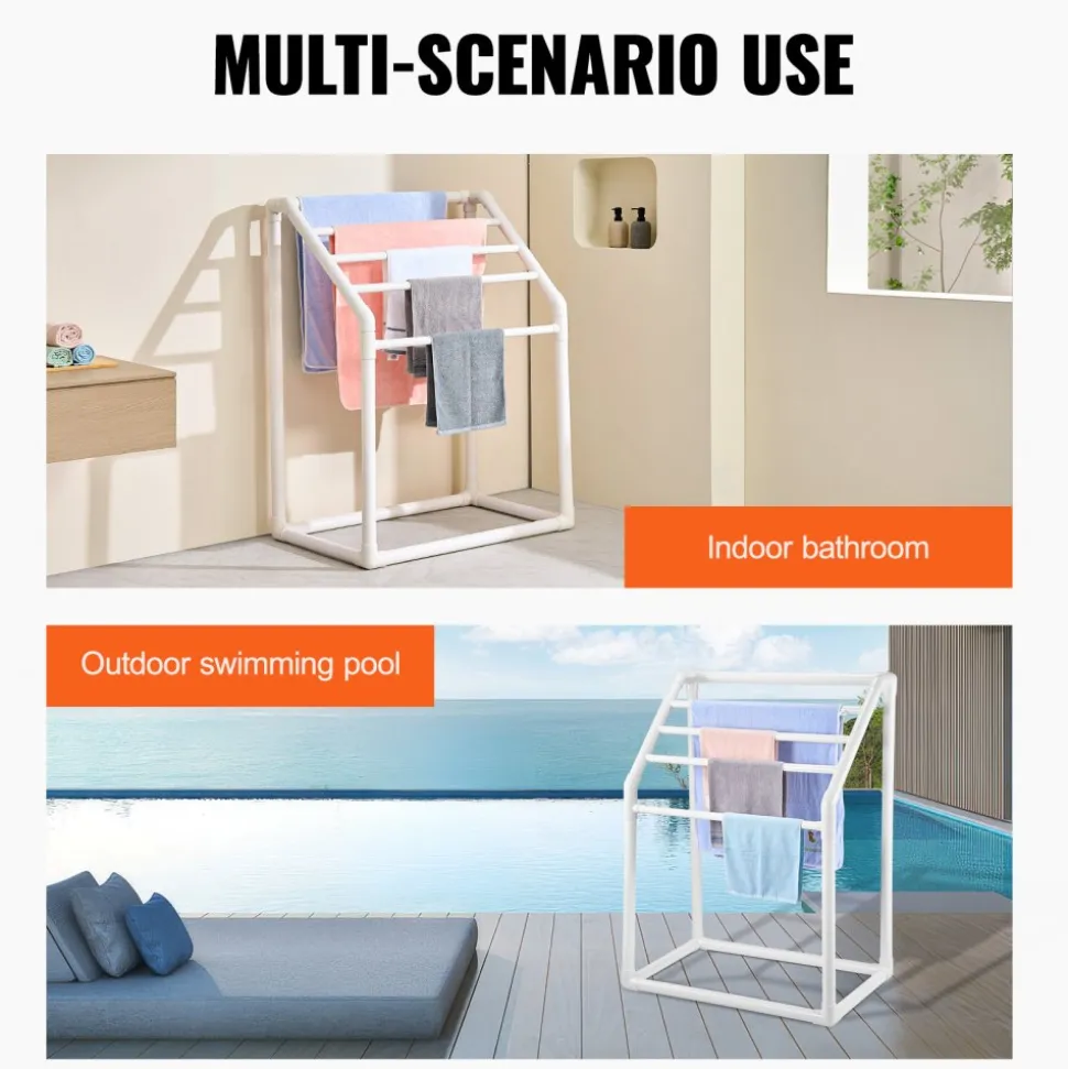 VEVOR Towel Rack, 8 Bars Outdoor PVC Towel Holder, Freestanding Pool Towel Hanger Stand Next to Hot Tub, Outdoor Indoor Quilt Drying Rack Organizer, Ideal for Poolside, Bathroom, Spa, White