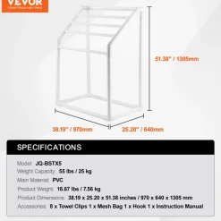 VEVOR Towel Rack, 8 Bars Outdoor PVC Towel Holder, Freestanding Pool Towel Hanger Stand Next to Hot Tub, Outdoor Indoor Quilt Drying Rack Organizer, Ideal for Poolside, Bathroom, Spa, White