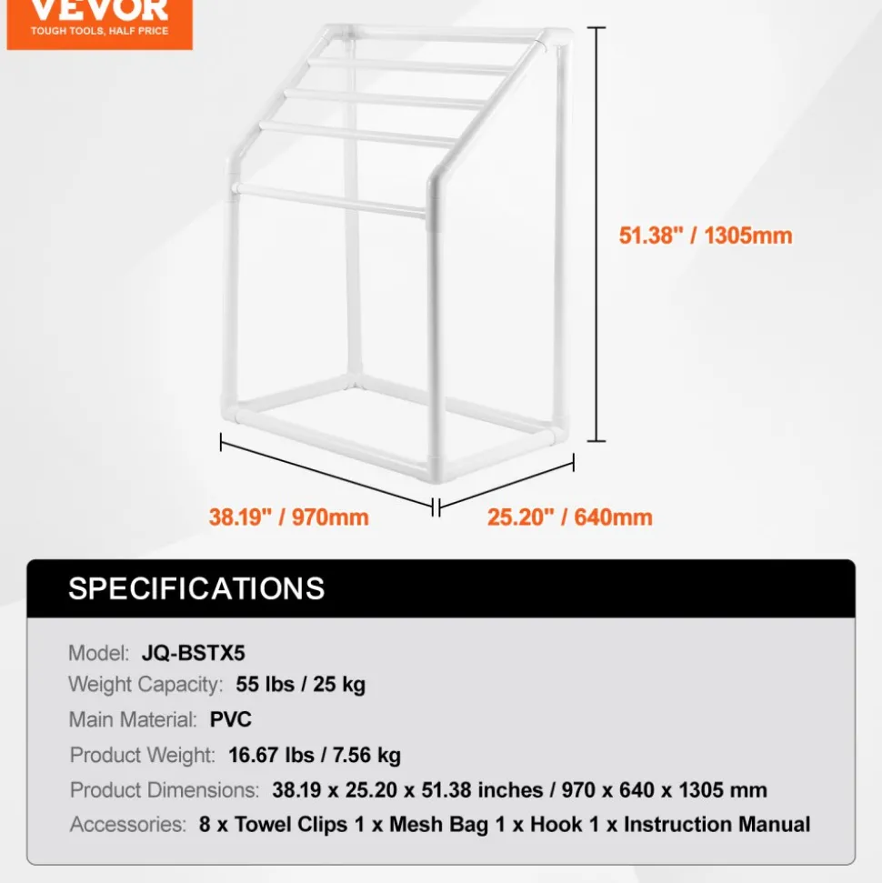 VEVOR Towel Rack, 8 Bars Outdoor PVC Towel Holder, Freestanding Pool Towel Hanger Stand Next to Hot Tub, Outdoor Indoor Quilt Drying Rack Organizer, Ideal for Poolside, Bathroom, Spa, White