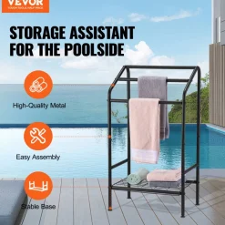VEVOR Towel Rack, 3 Bars Outdoor Towel Holder with Metal Base, Freestanding Pool Towel Hanger Stand Next to Hot Tub, Outdoor or Indoor Quilt Drying Rack Organizer for Pool, Bathroom, Spa, Black