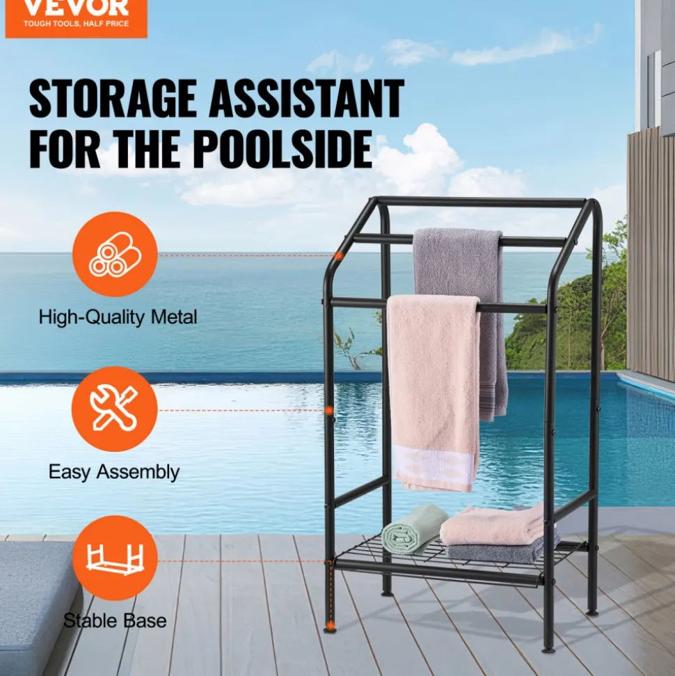VEVOR Towel Rack, 3 Bars Outdoor Towel Holder with Metal Base, Freestanding Pool Towel Hanger Stand Next to Hot Tub, Outdoor or Indoor Quilt Drying Rack Organizer for Pool, Bathroom, Spa, Black